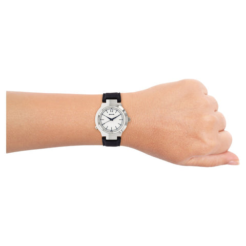Sonata Act Safety Watch White Dial Women Watch With Leather Strap