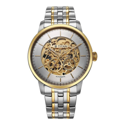 Titan Golden Heart Skeletal Automatic Analog with Silver Dial Dual-Tone Stainless Steel Strap Watch for Men