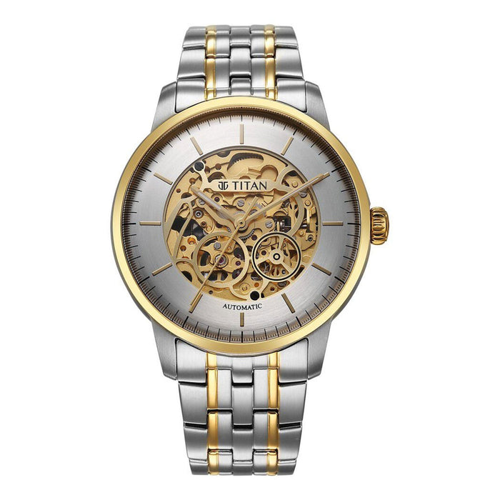 Titan Golden Heart Skeletal Automatic Analog with Silver Dial Dual-Tone Stainless Steel Strap Watch for Men