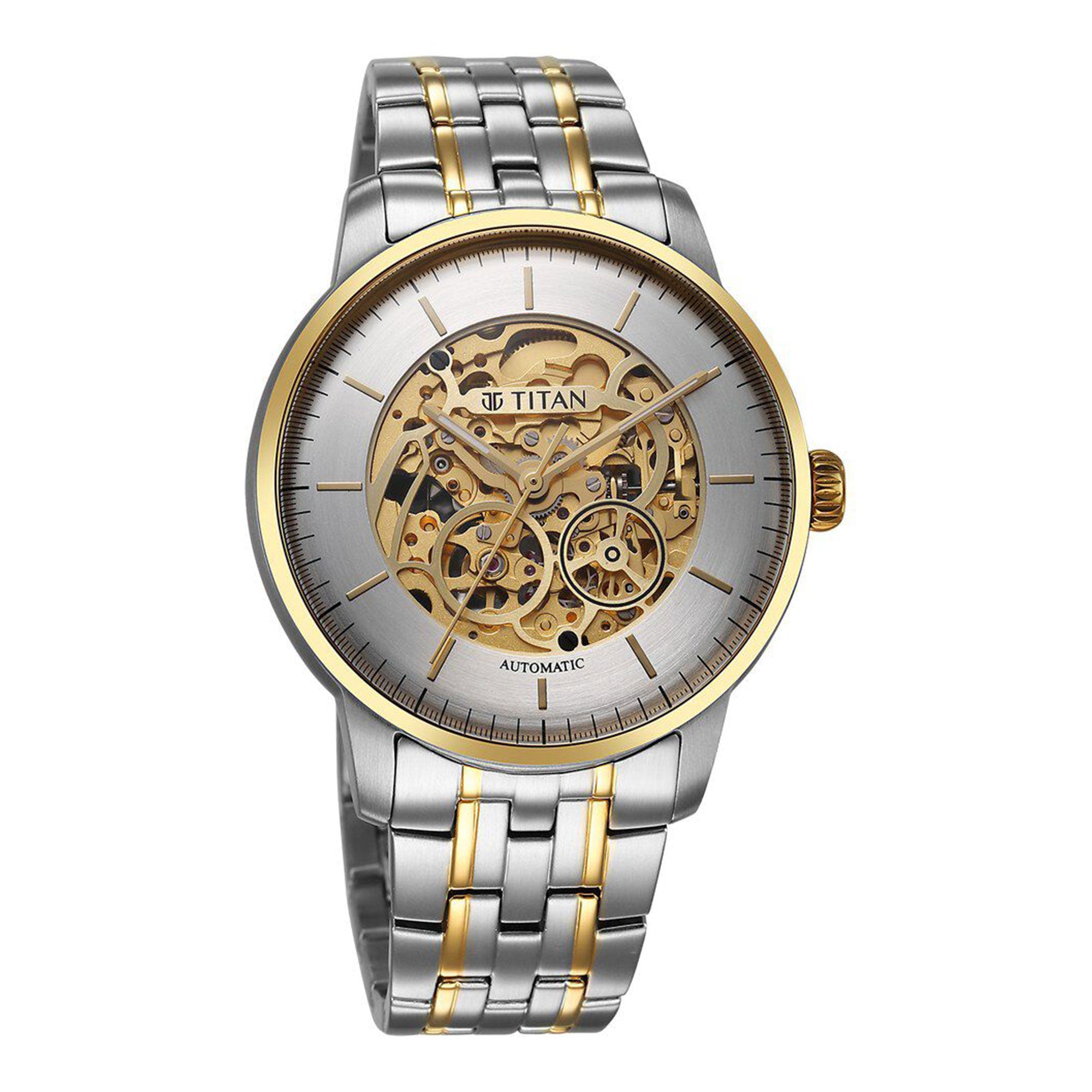 Titan Golden Heart Skeletal Automatic Analog with Silver Dial Dual-Tone Stainless Steel Strap Watch for Men