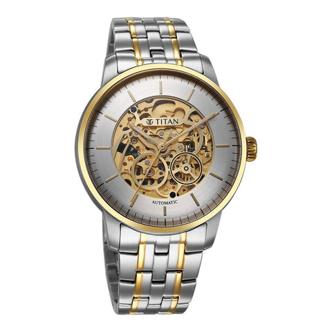 Titan Golden Heart Skeletal Automatic Analog with Silver Dial Dual-Tone Stainless Steel Strap Watch for Men