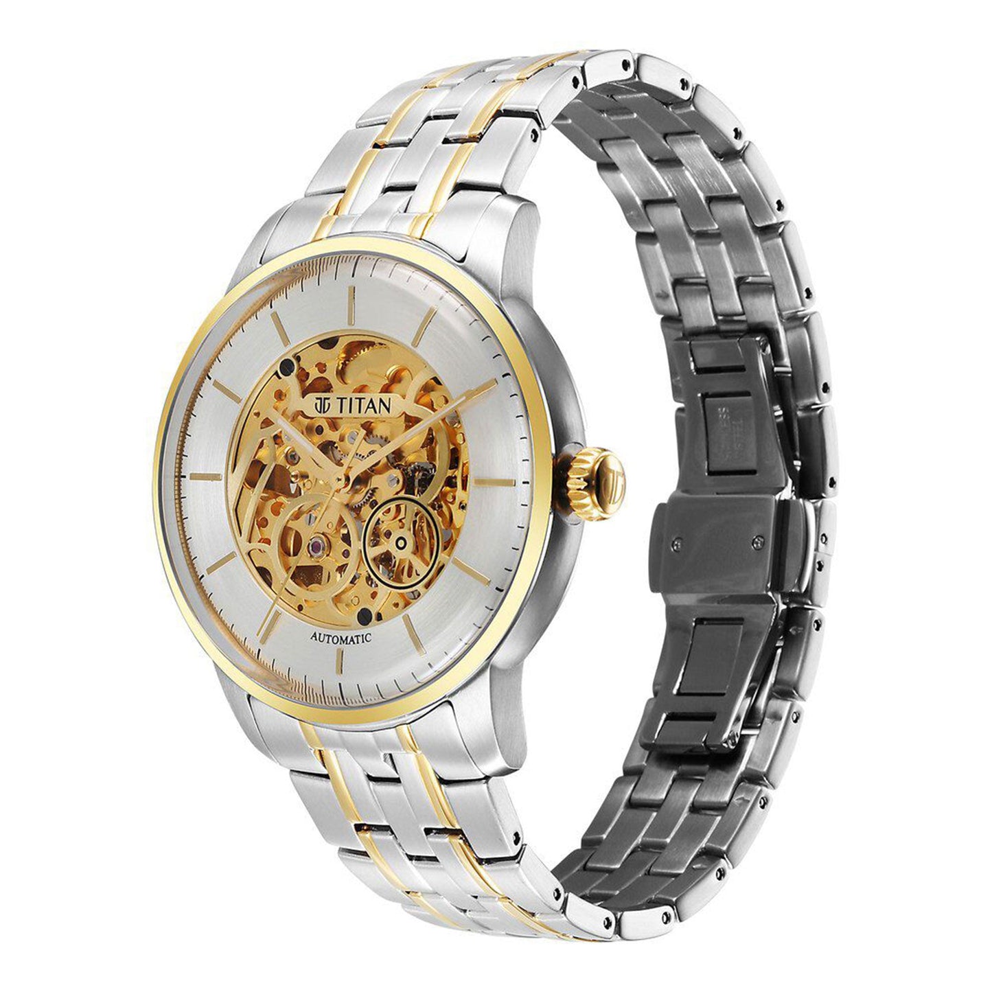 Titan Golden Heart Skeletal Automatic Analog with Silver Dial Dual-Tone Stainless Steel Strap Watch for Men