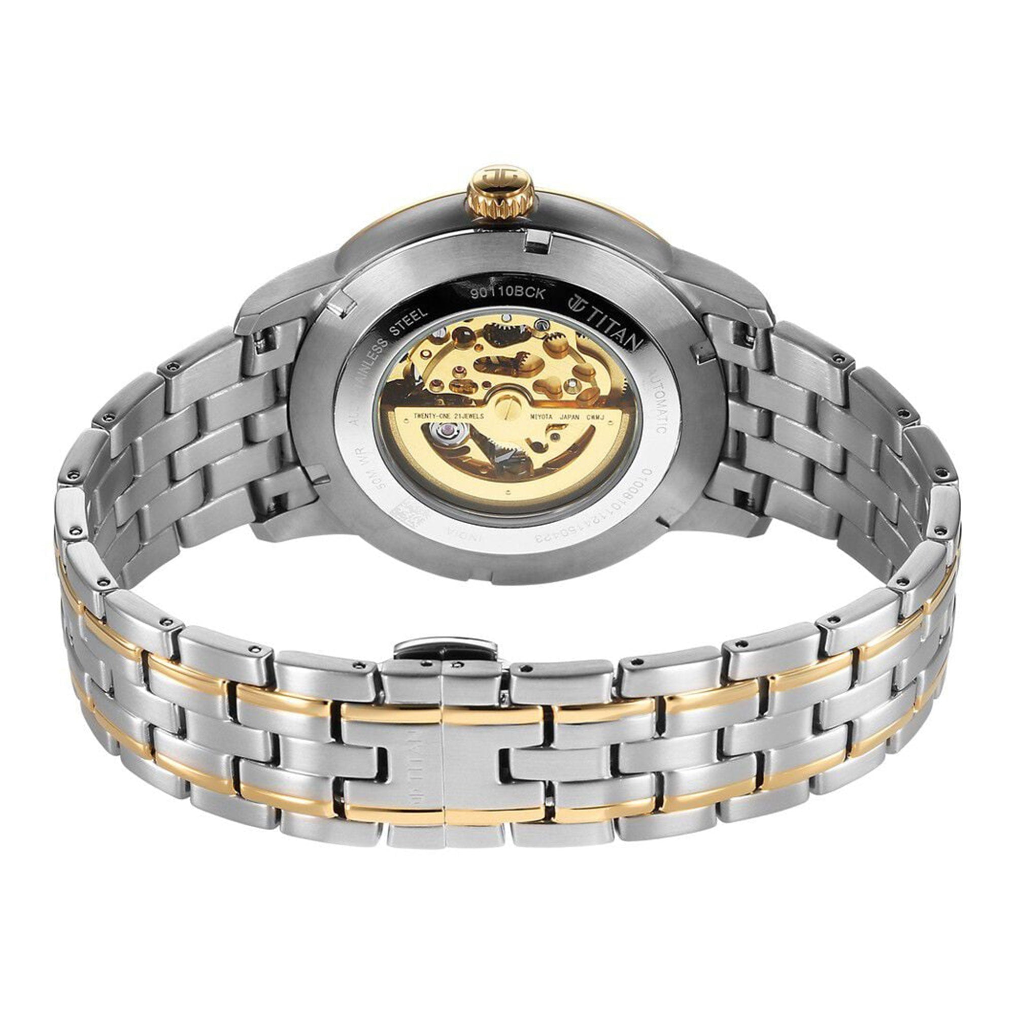 Titan Golden Heart Skeletal Automatic Analog with Silver Dial Dual-Tone Stainless Steel Strap Watch for Men
