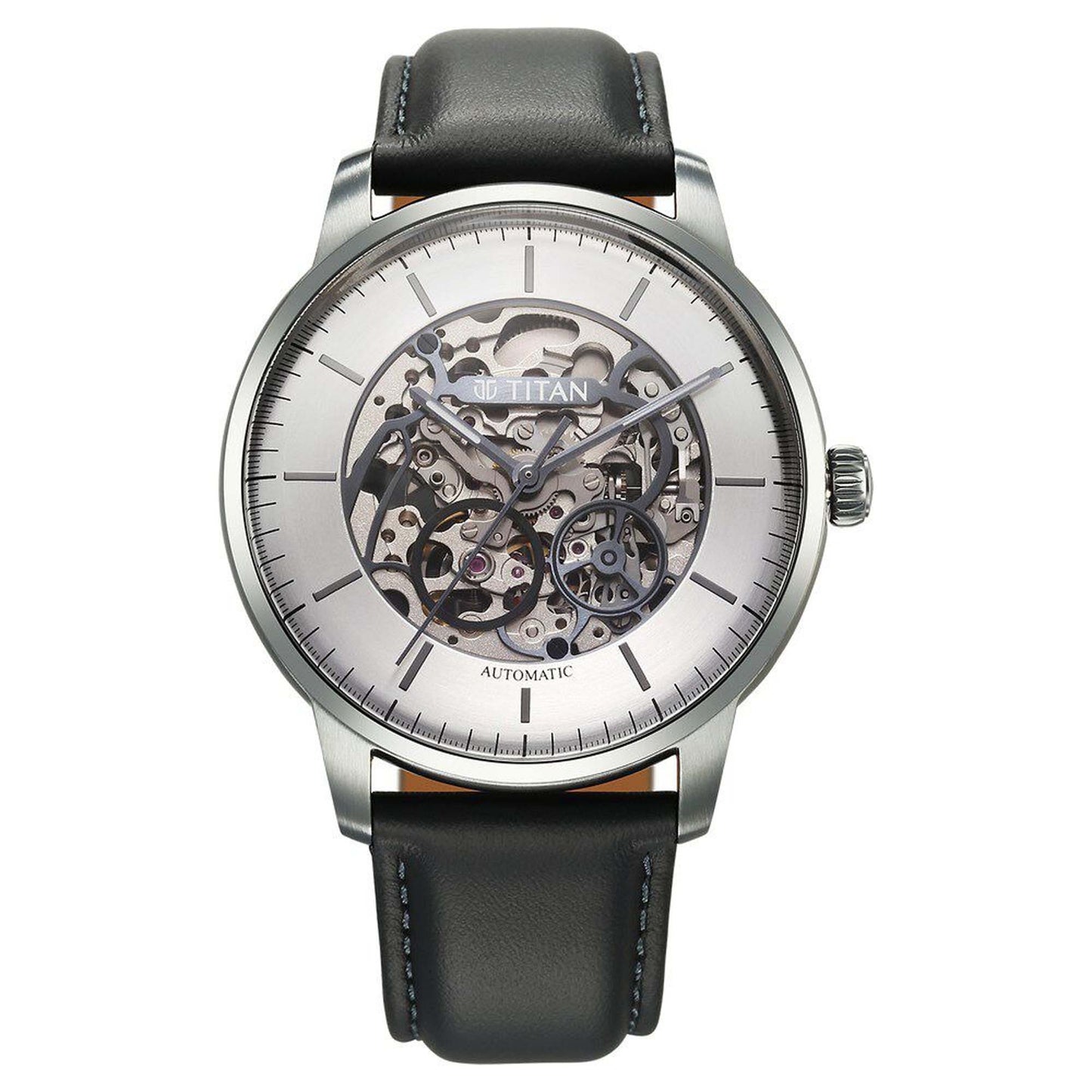 Titan Silver Dial Brown Leather Strap Automatic Watch For Men