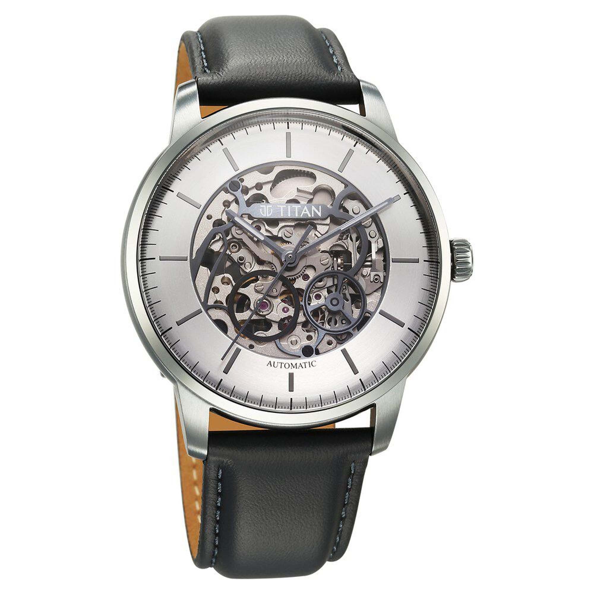 Titan Silver Dial Brown Leather Strap Automatic Watch For Men