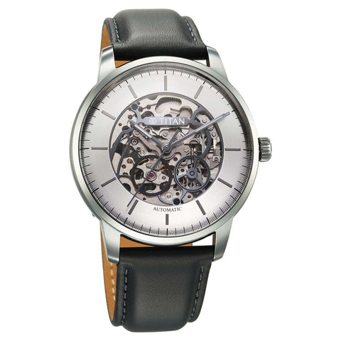 Titan Silver Dial Brown Leather Strap Automatic Watch For Men
