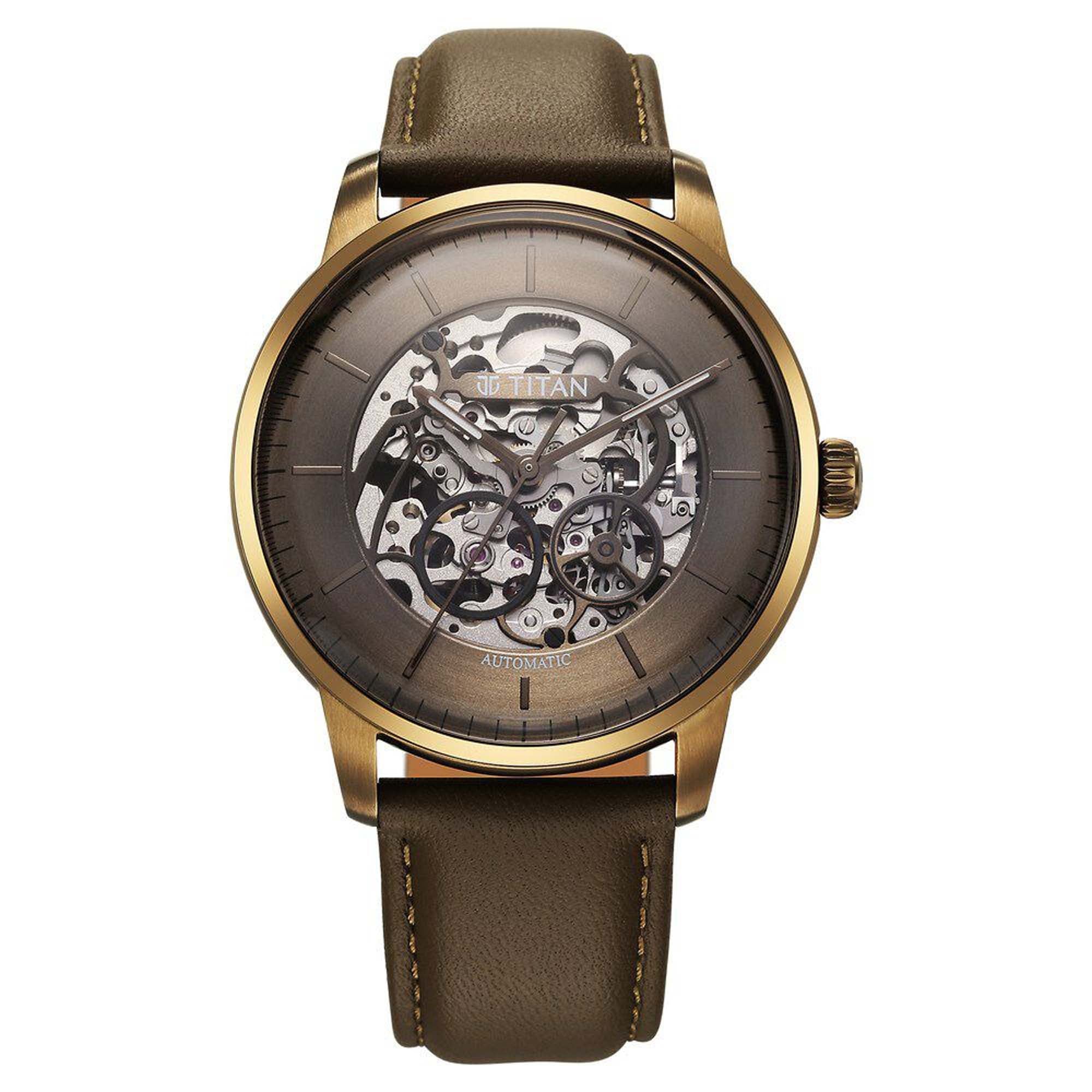 Titan Brown Dial Brown Leather Strap Automatic Watch For Men