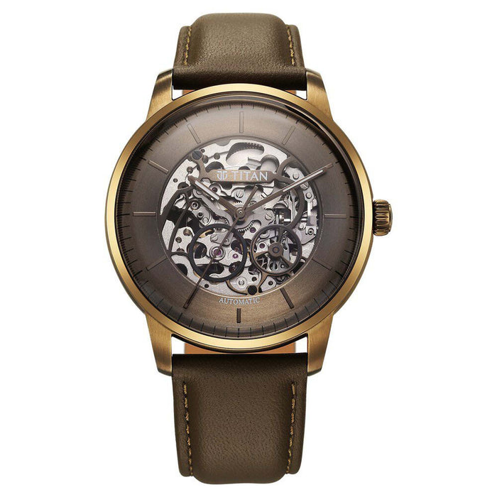 Titan Brown Dial Brown Leather Strap Automatic Watch For Men