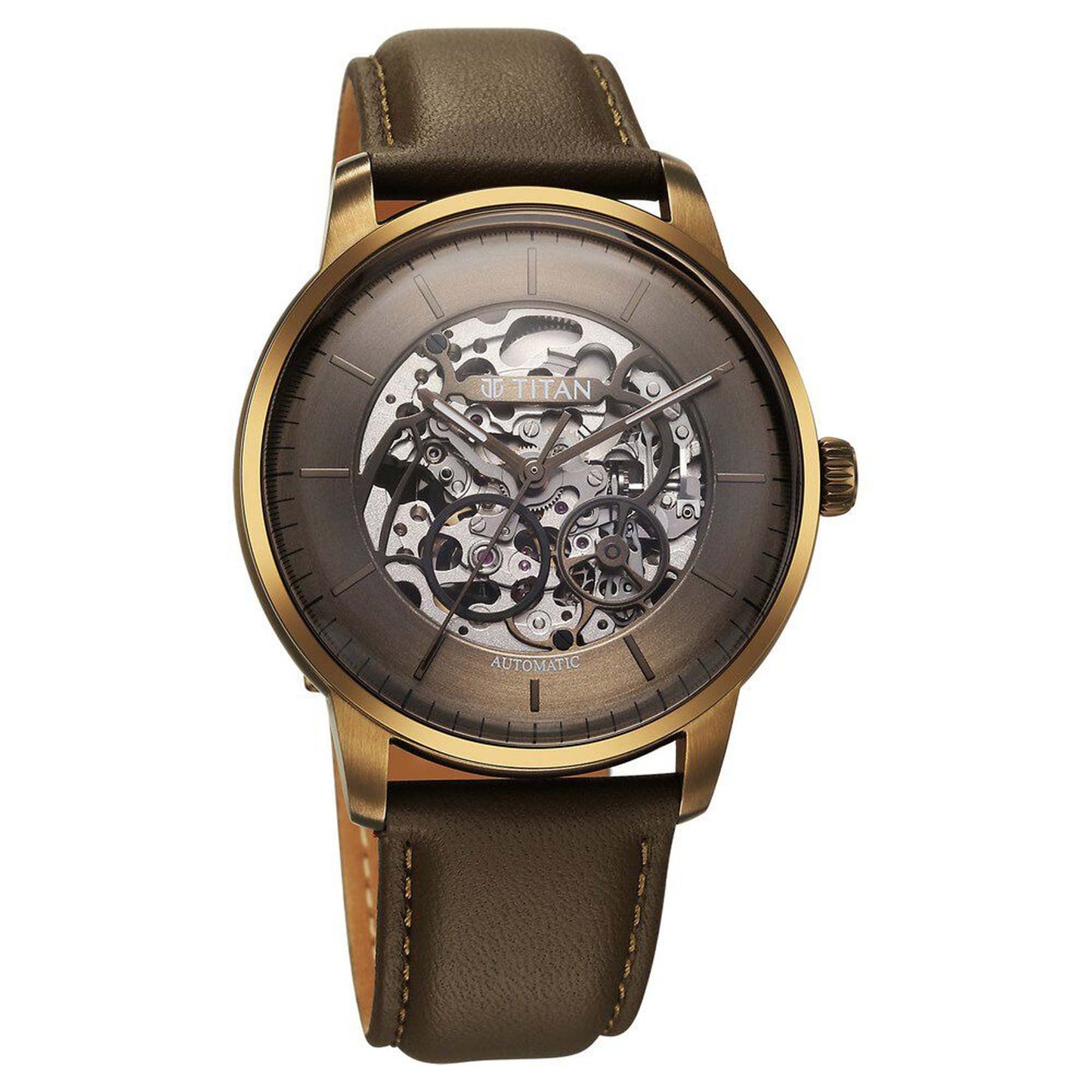 Titan Brown Dial Brown Leather Strap Automatic Watch For Men