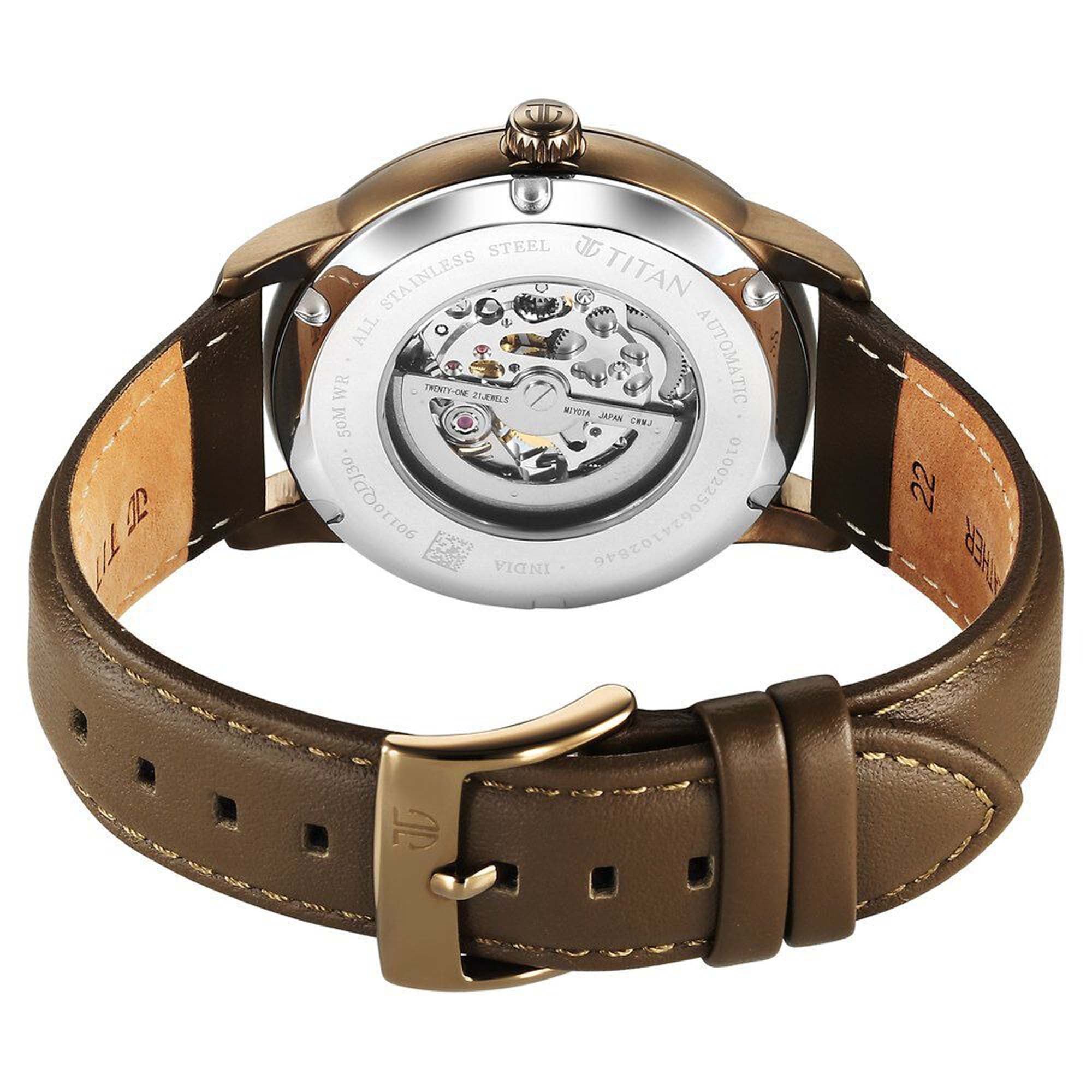 Titan Brown Dial Brown Leather Strap Automatic Watch For Men