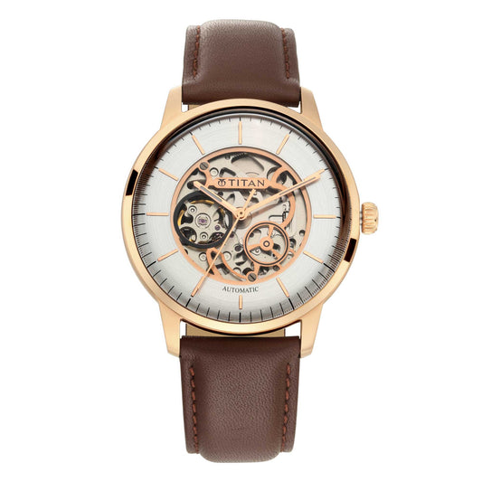 Titan Automatic Silver Dial Brown Leather Strap Watch for Men