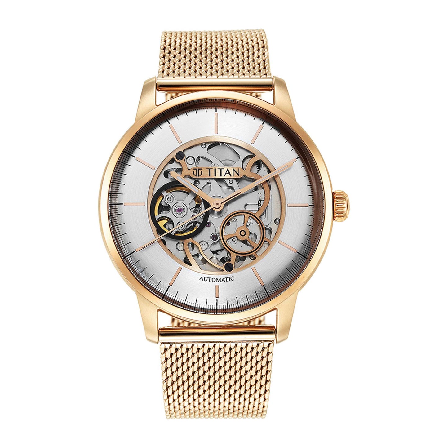 Titan Skeletal Automatic Gold Dial Gold Stainless Steel Strap Watch for Men