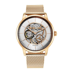 Titan Skeletal Automatic Gold Dial Gold Stainless Steel Strap Watch for Men