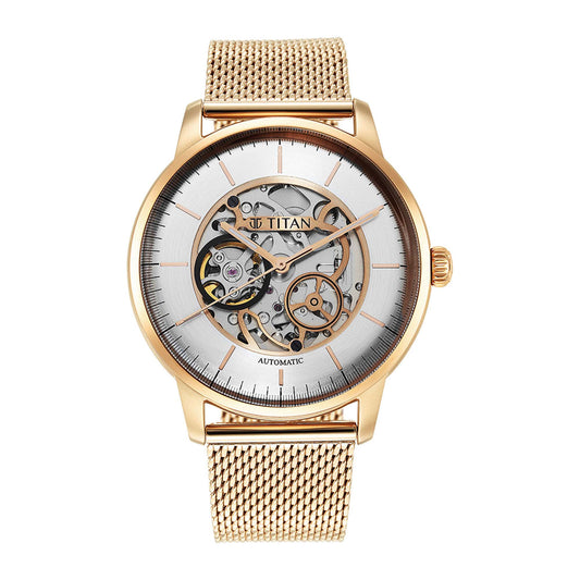 Titan Skeletal Automatic Gold Dial Gold Stainless Steel Strap Watch for Men