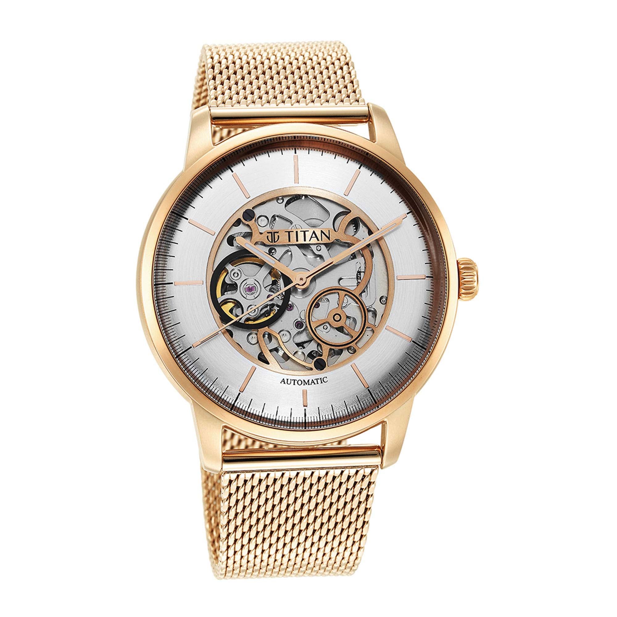 Titan Skeletal Automatic Gold Dial Gold Stainless Steel Strap Watch for Men