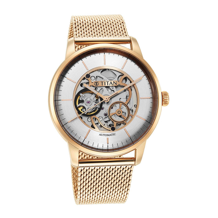 Titan Skeletal Automatic Gold Dial Gold Stainless Steel Strap Watch for Men
