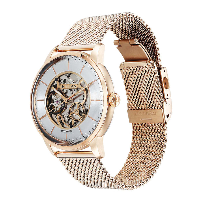 Titan Skeletal Automatic Gold Dial Gold Stainless Steel Strap Watch for Men