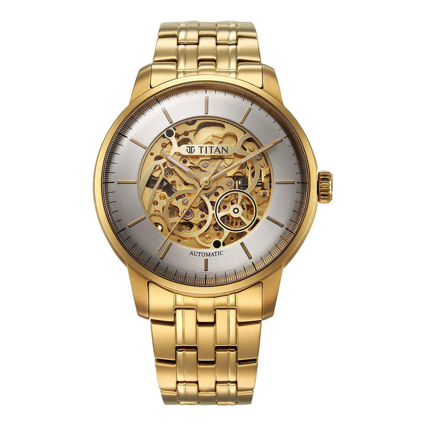 Titan Golden Heart Skeletal Automatic Analog with Silver Dial Yellow Gold Stainless Steel Strap Watch for Men