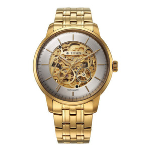 Titan Golden Heart Skeletal Automatic Analog with Silver Dial Yellow Gold Stainless Steel Strap Watch for Men