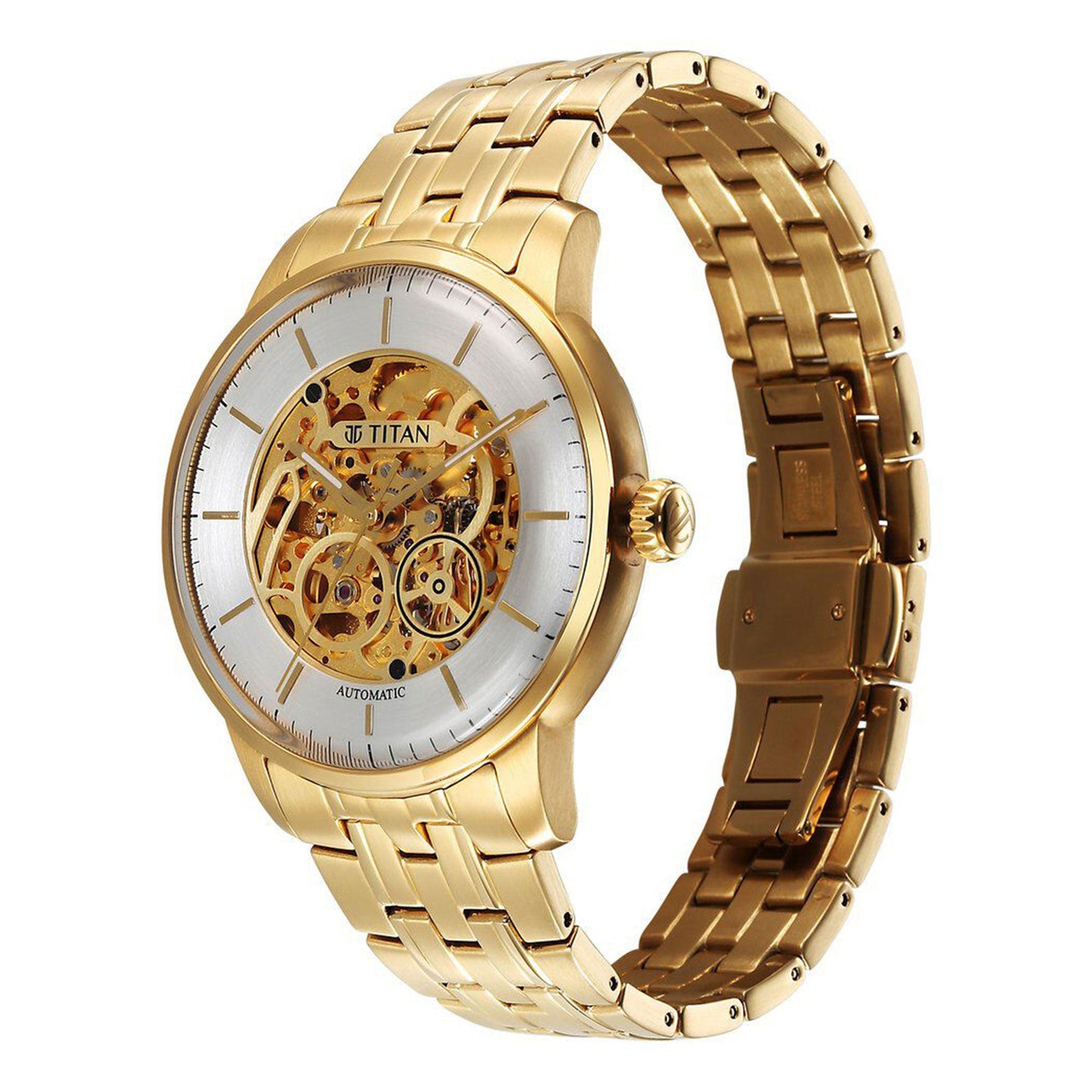 Titan Golden Heart Skeletal Automatic Analog with Silver Dial Yellow Gold Stainless Steel Strap Watch for Men