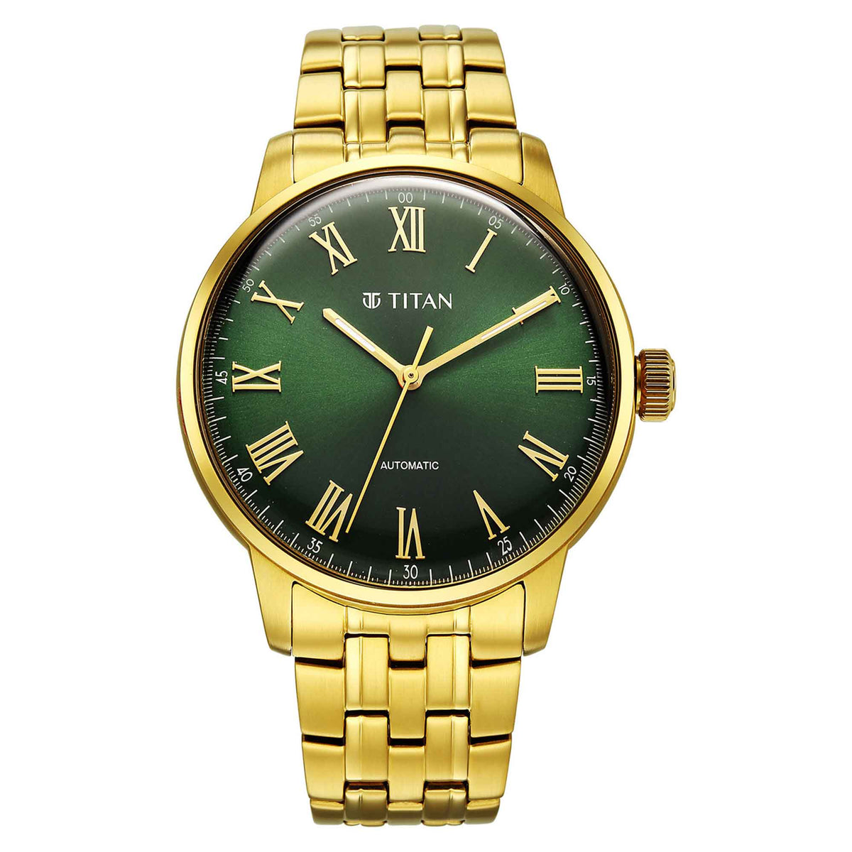 Titan Green Dial Gold Stainless Steel Strap Concealed Automatic Watch for Men