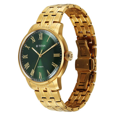 Titan Green Dial Gold Stainless Steel Strap Concealed Automatic Watch for Men