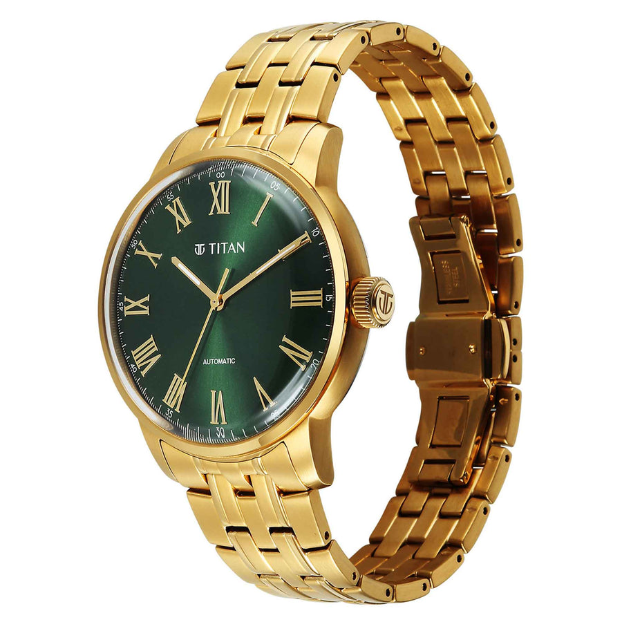 Titan Green Dial Gold Stainless Steel Strap Concealed Automatic Watch for Men