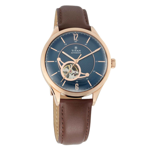 Titan Automatic Blue Dial Brown Leather Strap Watch for Men