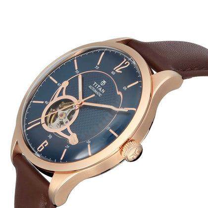 Titan Automatic Blue Dial Brown Leather Strap Watch for Men