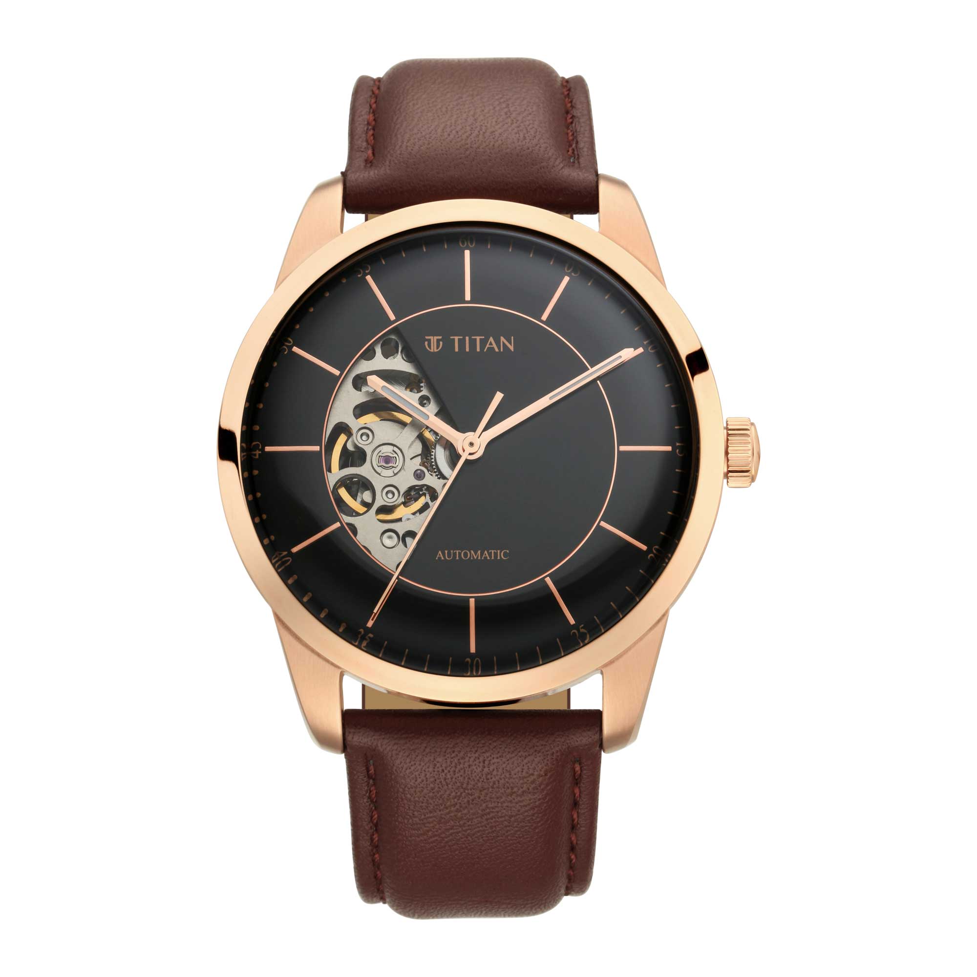 Titan Automatic Sectoral Black Dial Brown Leather Strap Watch for Men