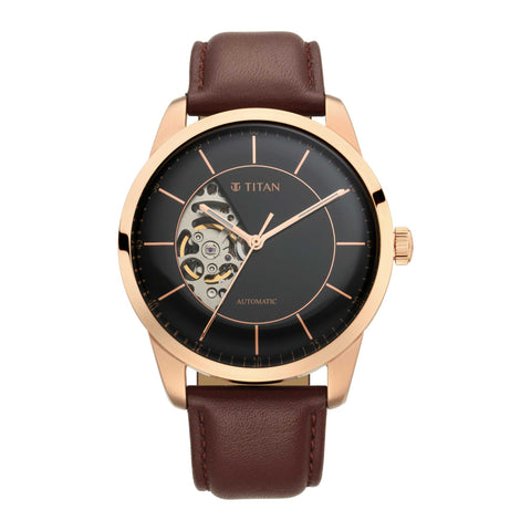 Titan Automatic Sectoral Black Dial Brown Leather Strap Watch for Men