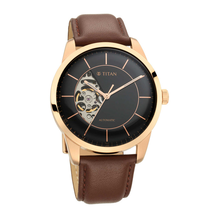 Titan Automatic Sectoral Black Dial Brown Leather Strap Watch for Men