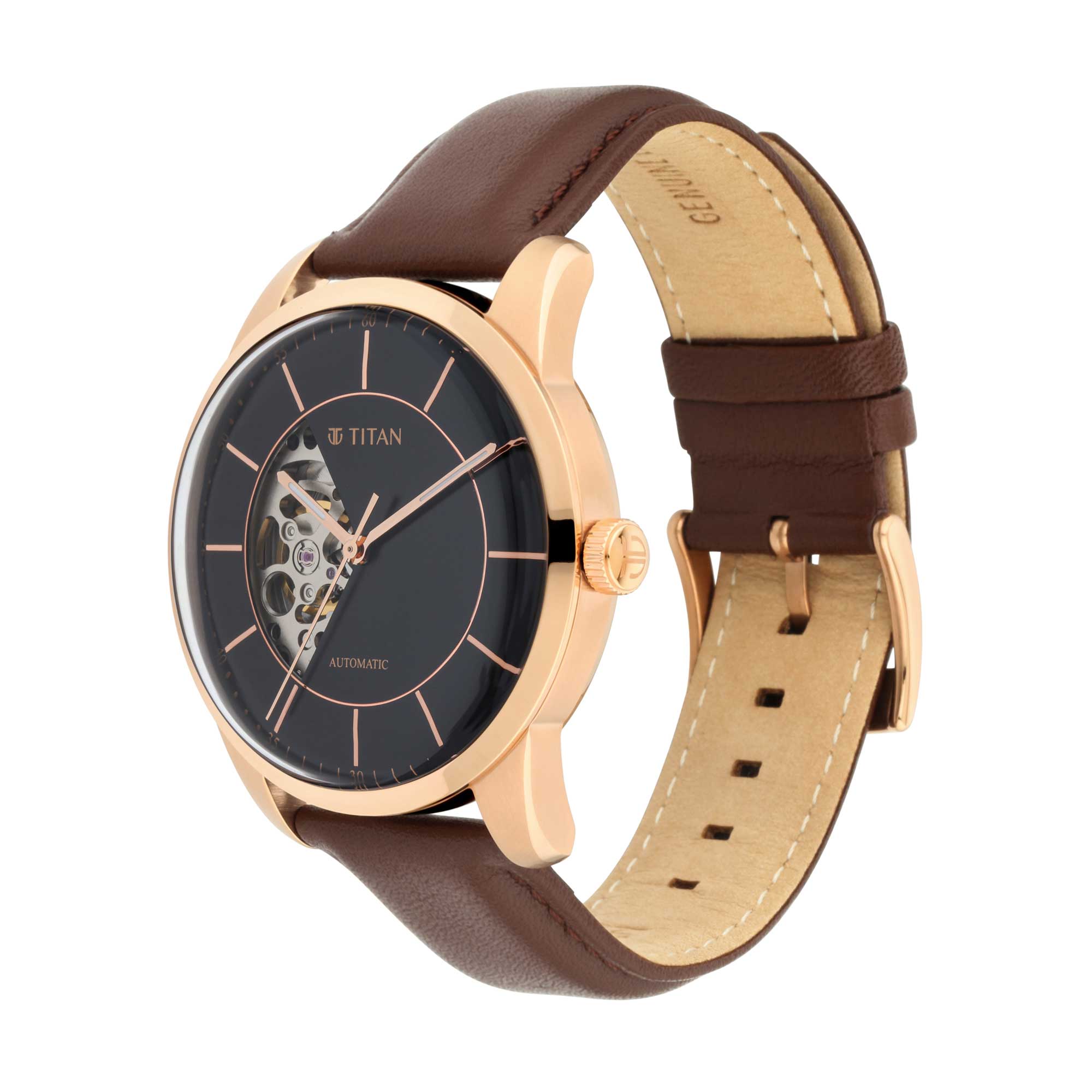 Titan Automatic Sectoral Black Dial Brown Leather Strap Watch for Men