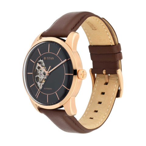 Titan Automatic Sectoral Black Dial Brown Leather Strap Watch for Men