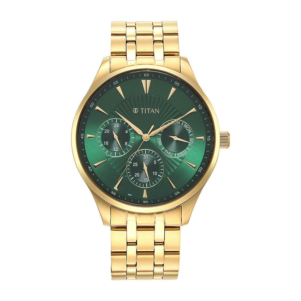 Titan Green Dial Gold Stainless Steel Strap Multifunction Watch for Men