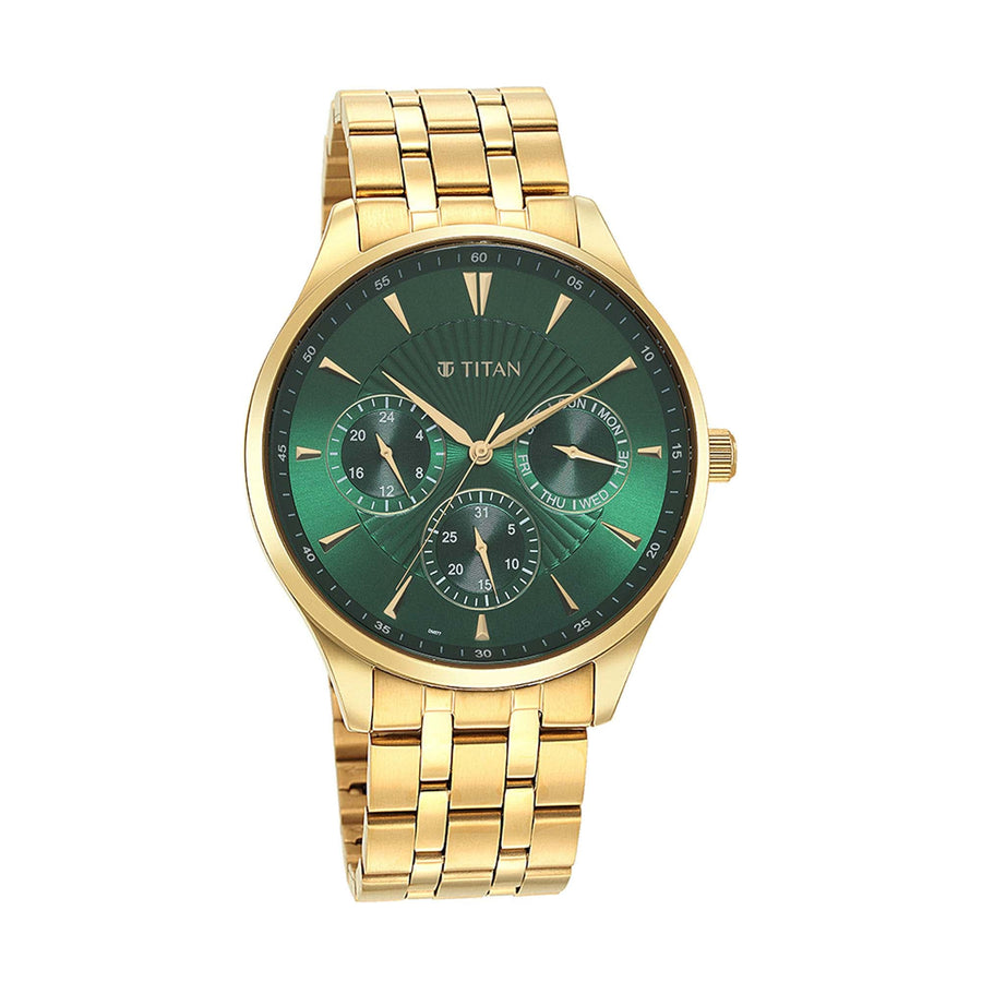 Titan Green Dial Gold Stainless Steel Strap Multifunction Watch for Men