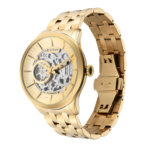 Titan Metal Mechanicals Golden Dial Golden Stainless Steel Strap Watch for Men