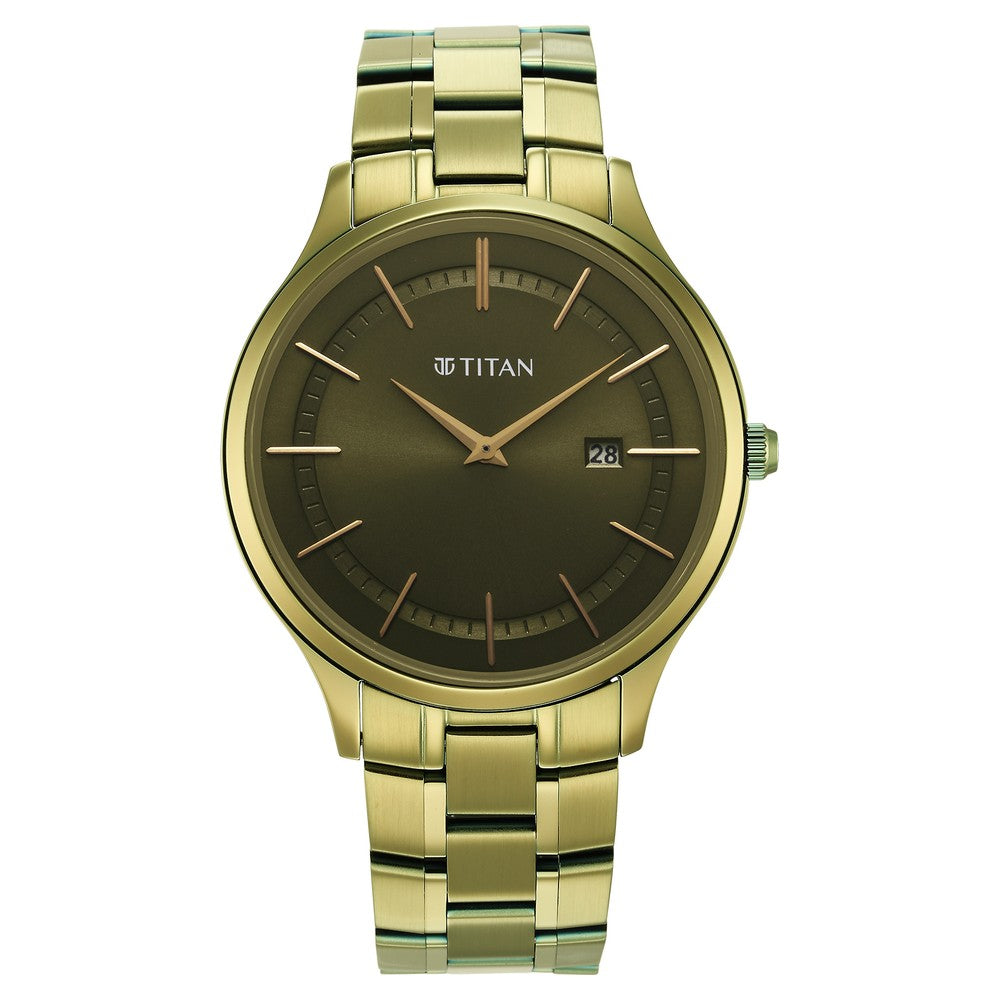Titan Classique Slimline Green Dial Analog with Day and Date Stainless Steel Strap watch for Men