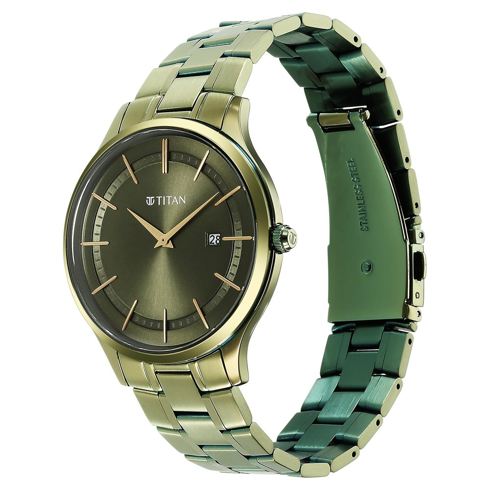 Titan Classique Slimline Green Dial Analog with Day and Date Stainless Steel Strap watch for Men