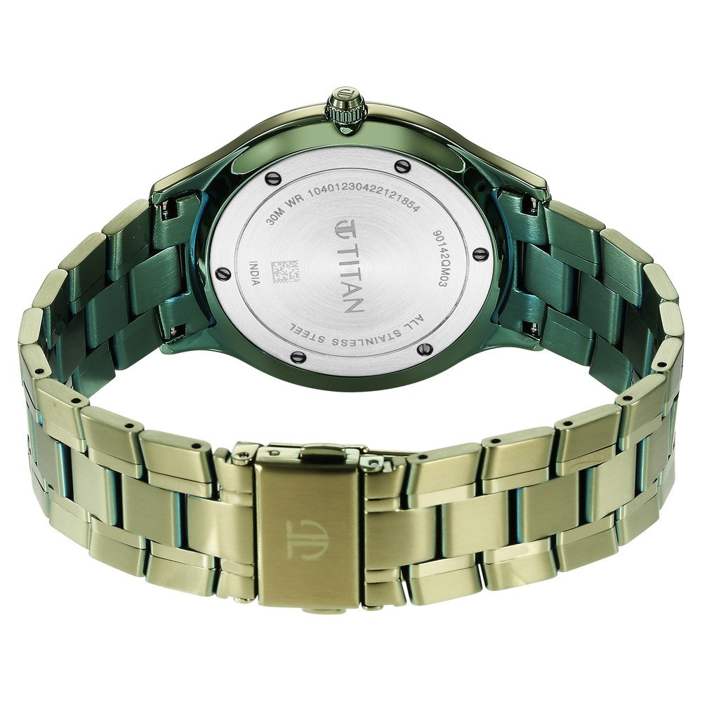 Titan Classique Slimline Green Dial Analog with Day and Date Stainless Steel Strap watch for Men
