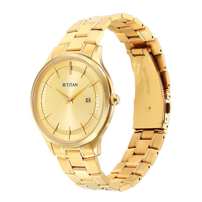 Titan Classique Slimline Champagne Dial Analog with Day and Date Stainless Steel Strap Watch for Men