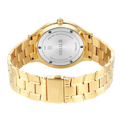 Titan Classique Slimline Champagne Dial Analog with Day and Date Stainless Steel Strap Watch for Men