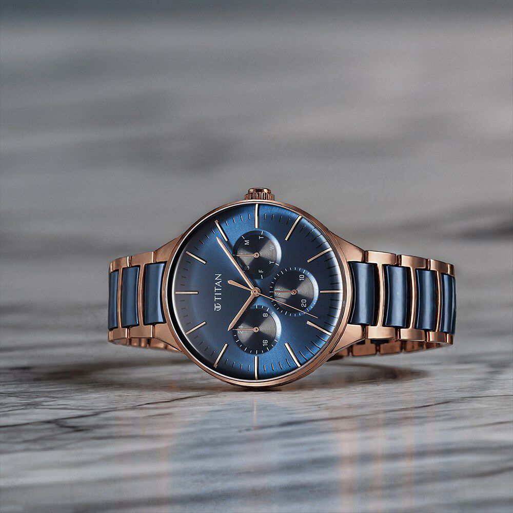 Titan Ceramic Fusion Quartz Multifunction Blue Dial With Two Toned Color Stainless Steel Strap Watch For Men