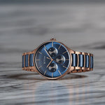 Titan Ceramic Fusion Quartz Multifunction Blue Dial With Two Toned Color Stainless Steel Strap Watch For Men