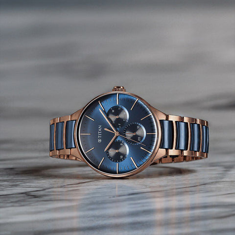 Titan Ceramic Fusion Quartz Multifunction Blue Dial With Two Toned Color Stainless Steel Strap Watch For Men