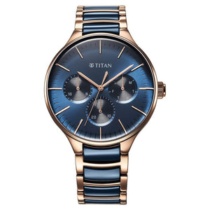 Titan Ceramic Fusion Quartz Multifunction Blue Dial With Two Toned Color Stainless Steel Strap Watch For Men