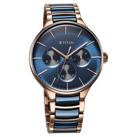 Titan Ceramic Fusion Quartz Multifunction Blue Dial With Two Toned Color Stainless Steel Strap Watch For Men