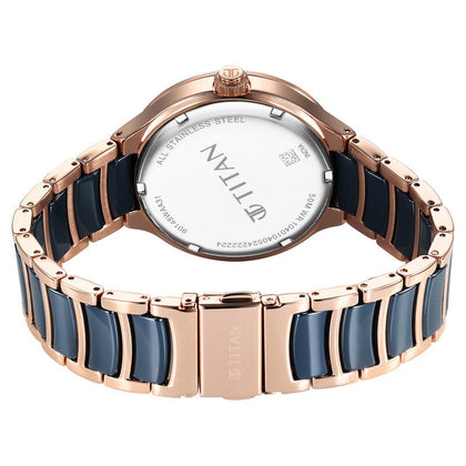 Titan Ceramic Fusion Quartz Multifunction Blue Dial With Two Toned Color Stainless Steel Strap Watch For Men