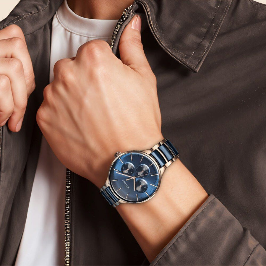 Titan Ceramic Fusion Quartz Multifunction Blue Dial With Two Toned Color Stainless Steel Strap Watch For Men