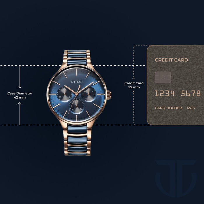 Titan Ceramic Fusion Quartz Multifunction Blue Dial With Two Toned Color Stainless Steel Strap Watch For Men
